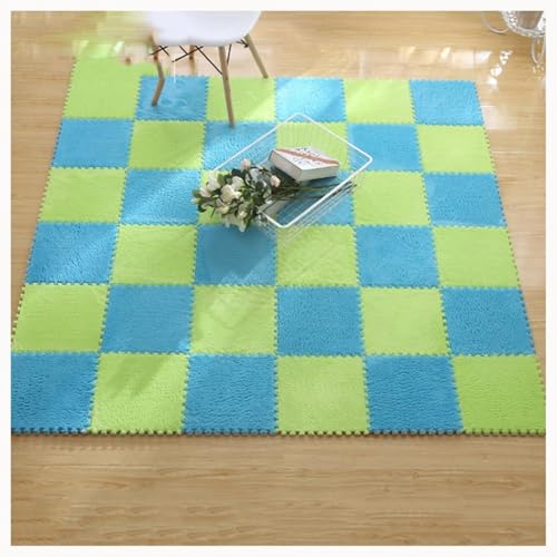 12-teiliger Plüschschaum-Teppich, 12x12 Zoll Große, Ineinander Greifende Quadrat-Fußmatten, Flauschiger Puzzle-Teppich, Verdickte Bodenfliesen, Spielmatte(Green+Blue) von NMVAWIPT