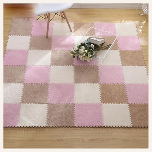 12-teiliger Plüschschaum-Teppich, 12x12 Zoll Große, Ineinander Greifende Quadrat-Fußmatten, Flauschiger Puzzle-Teppich, Verdickte Bodenfliesen, Spielmatte(Light Brown+White+Purple) von NMVAWIPT