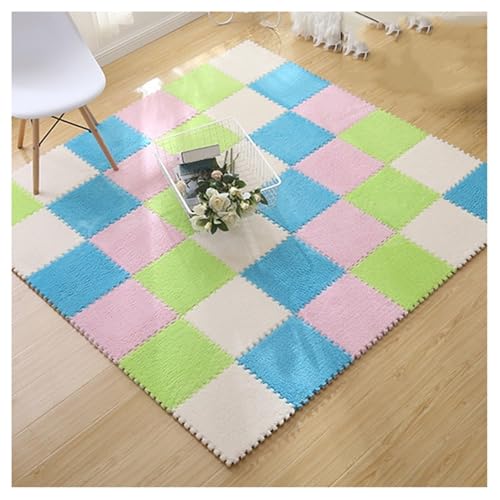 12-teiliger Plüschschaum-Teppich, 12x12 Zoll Große, Ineinander Greifende Quadrat-Fußmatten, Flauschiger Puzzle-Teppich, Verdickte Bodenfliesen, Spielmatte(Pink+Blue+Green+White) von NMVAWIPT