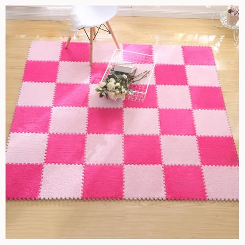 12-teiliger Plüschschaum-Teppich, 12x12 Zoll Große, Ineinander Greifende Quadrat-Fußmatten, Flauschiger Puzzle-Teppich, Verdickte Bodenfliesen, Spielmatte(Rose red+pink) von NMVAWIPT
