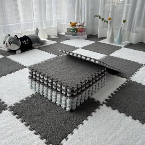 12"x12" Ineinandergreifende Schaumstoff-Teppichfliesen, Plüsch-Puzzle-Teppich, Weiche, rutschfeste Spielmatten-Bodenfliesen(Gray+White,28PCS) von NMVAWIPT
