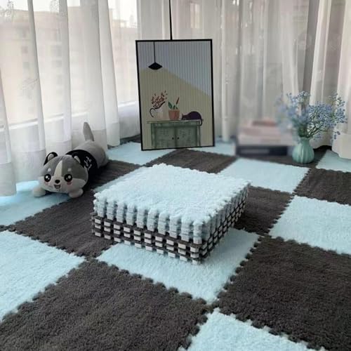 12"x12" Ineinandergreifende Schaumstoff-Teppichfliesen, Plüsch-Puzzle-Teppich, Weiche, rutschfeste Spielmatten-Bodenfliesen(Light Blue+Gray,28PCS) von NMVAWIPT
