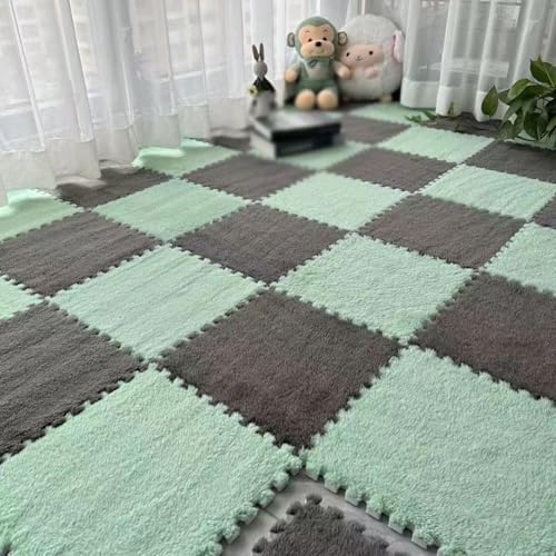 12"x12" Ineinandergreifende Schaumstoff-Teppichfliesen, Plüsch-Puzzle-Teppich, Weiche, rutschfeste Spielmatten-Bodenfliesen(Mint Green+Gray,28PCS) von NMVAWIPT