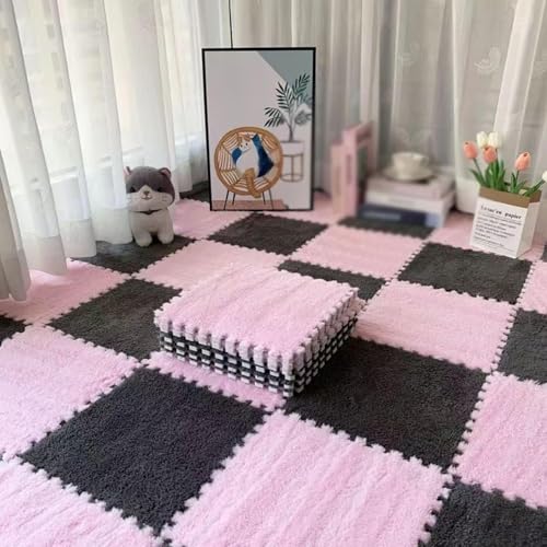 12"x12" Ineinandergreifende Schaumstoff-Teppichfliesen, Plüsch-Puzzle-Teppich, Weiche, rutschfeste Spielmatten-Bodenfliesen(Pink+Gray,18PCS) von NMVAWIPT