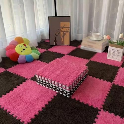 12"x12" Ineinandergreifende Schaumstoff-Teppichfliesen, Plüsch-Puzzle-Teppich, Weiche, rutschfeste Spielmatten-Bodenfliesen(Rose Red+Black,8PCS) von NMVAWIPT