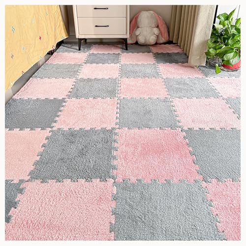 120 Stück Plüsch-Puzzle-Bodenmattenfliesen Aus Schaumstoff, 30 X 30 X 1 cm, Dicke, Zottelige, Ineinander Greifende Teppichfliesen, Flauschige Spielmatte, Flächenteppiche(Pink+Light Gray) von NMVAWIPT