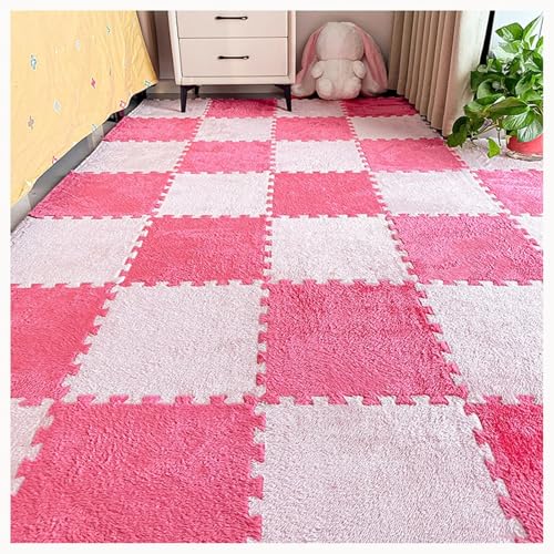 120 Stück Plüsch-Puzzle-Bodenmattenfliesen Aus Schaumstoff, 30 X 30 X 1 cm, Dicke, Zottelige, Ineinander Greifende Teppichfliesen, Flauschige Spielmatte, Flächenteppiche(Pink+Rose Red) von NMVAWIPT