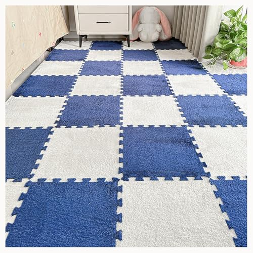 120 Stück Plüsch-Puzzle-Bodenmattenfliesen Aus Schaumstoff, 30 X 30 X 1 cm, Dicke, Zottelige, Ineinander Greifende Teppichfliesen, Flauschige Spielmatte, Flächenteppiche(White+Navy Blue) von NMVAWIPT