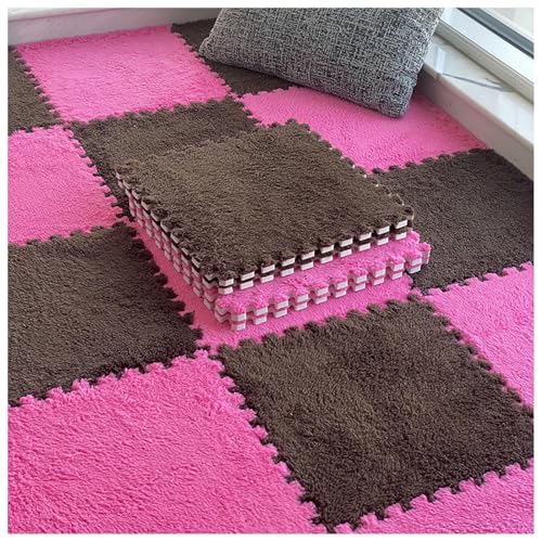 12er-Pack Ineinander Greifende Teppichfliesen Aus Plüschschaum, Weiche, 30 cm Große, Quadratische Puzzle-Fußmatten for Wohnzimmer Und Schlafzimmer(Dark Brown+Rose Red) von NMVAWIPT