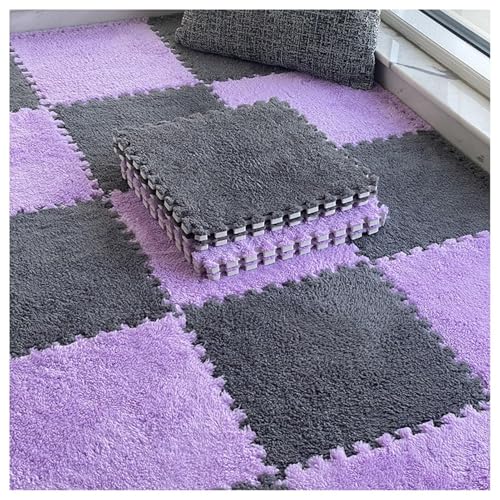 12er-Pack Ineinander Greifende Teppichfliesen Aus Plüschschaum, Weiche, 30 cm Große, Quadratische Puzzle-Fußmatten for Wohnzimmer Und Schlafzimmer(Gray+Purple) von NMVAWIPT