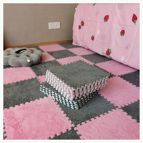 16 Stück Weiche Teppichfliesen Aus Eva-Schaum Mit Rand, 12 X 12 Zoll Große, Flauschige Ineinander Greifende Puzzle-Fliesenmatten, Flächenteppich(Pink+Gray) von NMVAWIPT