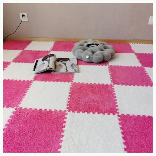 16 Stück Weiche Teppichfliesen Aus Eva-Schaum Mit Rand, 12 X 12 Zoll Große, Flauschige Ineinander Greifende Puzzle-Fliesenmatten, Flächenteppich(Rose Red+White) von NMVAWIPT