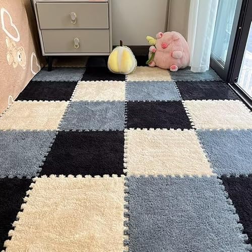 18 Stück Quadratische, Weiche, Flauschige Fliesen Mit Rand, Schützende Bodenspielmatte for Kinder, Kinderzimmer, Zuhause, Wohnzimmer, Schlafzimmer(Black+Camel+Grey) von NMVAWIPT