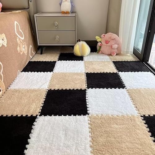 18 Stück Quadratische, Weiche, Flauschige Fliesen Mit Rand, Schützende Bodenspielmatte for Kinder, Kinderzimmer, Zuhause, Wohnzimmer, Schlafzimmer(Black+Camel+White) von NMVAWIPT