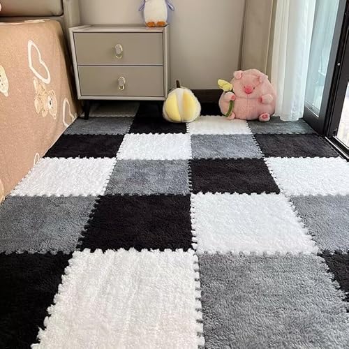 18 Stück Quadratische, Weiche, Flauschige Fliesen Mit Rand, Schützende Bodenspielmatte for Kinder, Kinderzimmer, Zuhause, Wohnzimmer, Schlafzimmer(Black+Grey+White) von NMVAWIPT