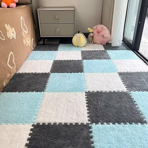 18 Stück Quadratische, Weiche, Flauschige Fliesen Mit Rand, Schützende Bodenspielmatte for Kinder, Kinderzimmer, Zuhause, Wohnzimmer, Schlafzimmer(Blue+Grey+White) von NMVAWIPT