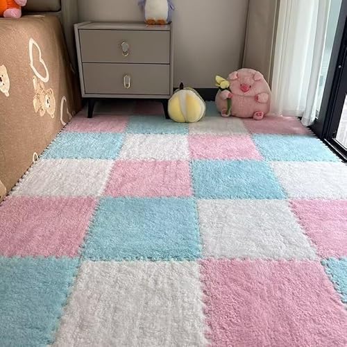 18 Stück Quadratische, Weiche, Flauschige Fliesen Mit Rand, Schützende Bodenspielmatte for Kinder, Kinderzimmer, Zuhause, Wohnzimmer, Schlafzimmer(Pink+Blue+White) von NMVAWIPT
