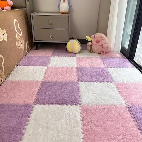 18 Stück Quadratische, Weiche, Flauschige Fliesen Mit Rand, Schützende Bodenspielmatte for Kinder, Kinderzimmer, Zuhause, Wohnzimmer, Schlafzimmer(Pink+Purple+White) von NMVAWIPT
