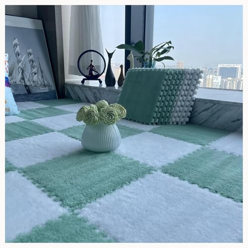 20 Stück Quadratische, Flauschige Ineinandergreifende Teppichfliesen for Wohnzimmer, Schlafzimmer, Bodenmatte Aus Plüsch-Puzzleschaum(Green+White) von NMVAWIPT