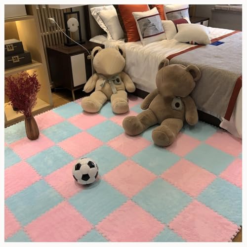 20 Stück Quadratische, Flauschige Ineinandergreifende Teppichfliesen for Wohnzimmer, Schlafzimmer, Bodenmatte Aus Plüsch-Puzzleschaum(Light Blue+Pink) von NMVAWIPT