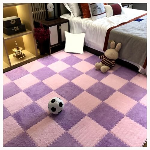 20 Stück Quadratische, Flauschige Ineinandergreifende Teppichfliesen for Wohnzimmer, Schlafzimmer, Bodenmatte Aus Plüsch-Puzzleschaum(Light Purple+Pink) von NMVAWIPT