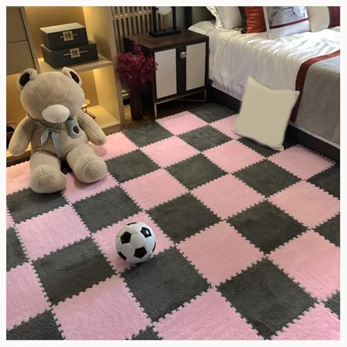 20 Stück Quadratische, Flauschige Ineinandergreifende Teppichfliesen for Wohnzimmer, Schlafzimmer, Bodenmatte Aus Plüsch-Puzzleschaum(Pink+Gray) von NMVAWIPT