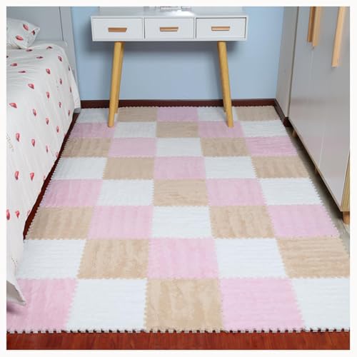 20 Stück Quadratische, Flauschige Ineinandergreifende Teppichfliesen for Wohnzimmer, Schlafzimmer, Bodenmatte Aus Plüsch-Puzzleschaum(Pink+White) von NMVAWIPT