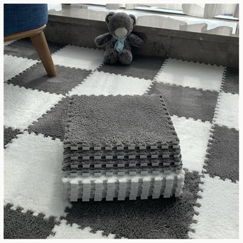 20 Stück Weiche, Flauschige Ineinander Greifende Teppichfliesen for Selbermachen, Plüsch-Puzzle, Quadratisch, Waschbar, Schaumstoff-Bodenmattenfliesen(Dark Gray+White) von NMVAWIPT