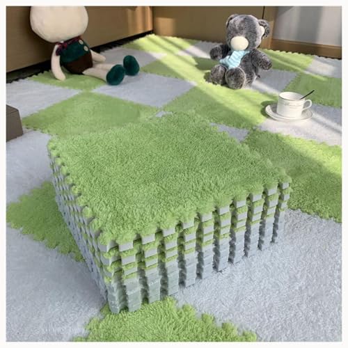 20 Stück Weiche, Flauschige Ineinander Greifende Teppichfliesen for Selbermachen, Plüsch-Puzzle, Quadratisch, Waschbar, Schaumstoff-Bodenmattenfliesen(Light Green+White) von NMVAWIPT