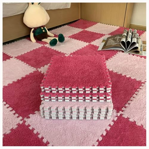 20 Stück Weiche, Flauschige Ineinander Greifende Teppichfliesen for Selbermachen, Plüsch-Puzzle, Quadratisch, Waschbar, Schaumstoff-Bodenmattenfliesen(Pink+Rose Red) von NMVAWIPT