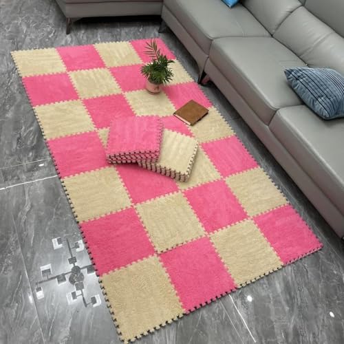 20-teilige Verdickte Ineinander Greifende Bodenmatte, 12 X 12 Zoll Quadratische rutschfeste Puzzle-Teppiche Aus Schaumstoff for Selbermachen, Weicher Plüsch-Spielteppich(Apricot+Rose Red) von NMVAWIPT