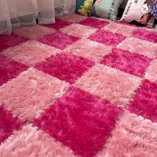 20-teiliges Plüsch-Puzzle-Bodenmatten-Set Aus Schaumstoff, rutschfeste Fliesen, Mit Rand, Spielmatte, 11,8 X 11,8 Zoll, Extra Lange, Flauschige Matte(Pink+Rose) von NMVAWIPT