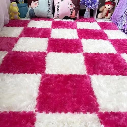 20-teiliges Plüsch-Puzzle-Bodenmatten-Set Aus Schaumstoff, rutschfeste Fliesen, Mit Rand, Spielmatte, 11,8 X 11,8 Zoll, Extra Lange, Flauschige Matte(White+Rose) von NMVAWIPT