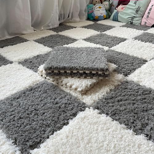 24 Stück Ineinandergreifende Bodenteppichmatten Aus Verdicktem Plüschschaum, Flauschige Quadratische Puzzle-Schaumstoff-Teppichfliesen 12 X 12 Zoll Mit Kanten(Grey+White) von NMVAWIPT