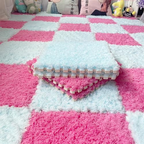24 Stück Ineinandergreifende Bodenteppichmatten Aus Verdicktem Plüschschaum, Flauschige Quadratische Puzzle-Schaumstoff-Teppichfliesen 12 X 12 Zoll Mit Kanten(Pink+Blue) von NMVAWIPT