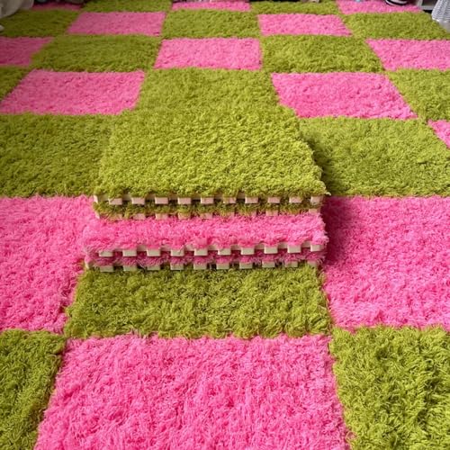 24 Stück Ineinandergreifende Bodenteppichmatten Aus Verdicktem Plüschschaum, Flauschige Quadratische Puzzle-Schaumstoff-Teppichfliesen 12 X 12 Zoll Mit Kanten(Pink+Green) von NMVAWIPT