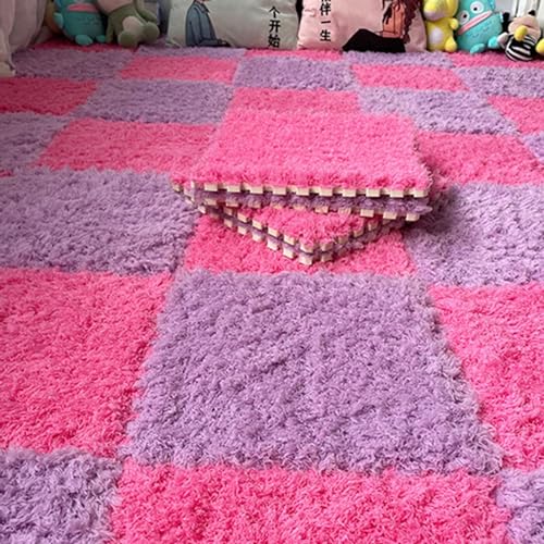 24 Stück Ineinandergreifende Bodenteppichmatten Aus Verdicktem Plüschschaum, Flauschige Quadratische Puzzle-Schaumstoff-Teppichfliesen 12 X 12 Zoll Mit Kanten(Pink+Purple) von NMVAWIPT
