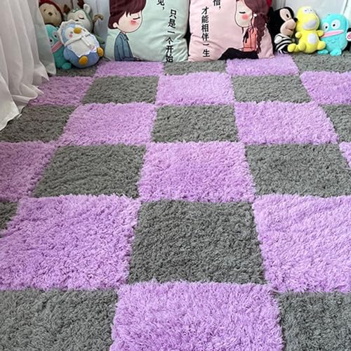 24 Stück Ineinandergreifende Bodenteppichmatten Aus Verdicktem Plüschschaum, Flauschige Quadratische Puzzle-Schaumstoff-Teppichfliesen 12 X 12 Zoll Mit Kanten(Purple+Grey) von NMVAWIPT