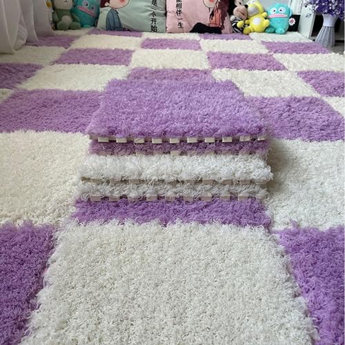 24 Stück Ineinandergreifende Bodenteppichmatten Aus Verdicktem Plüschschaum, Flauschige Quadratische Puzzle-Schaumstoff-Teppichfliesen 12 X 12 Zoll Mit Kanten(Purple+White) von NMVAWIPT