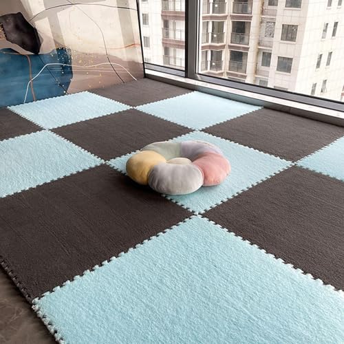 24 Stück Puzzle-ineinander Greifende Plüsch-Teppichfliesen, Quadratische, Flauschige Schaumstofffliesen-Teppiche, Flächenteppich-Spielmatte Fürs Zimmer(Gray+Blue,30x30x0.6cm) von NMVAWIPT