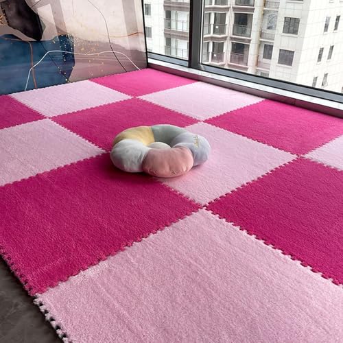 24 Stück Puzzle-ineinander Greifende Plüsch-Teppichfliesen, Quadratische, Flauschige Schaumstofffliesen-Teppiche, Flächenteppich-Spielmatte Fürs Zimmer(Pink+Rose Red,30x30x0.6cm) von NMVAWIPT