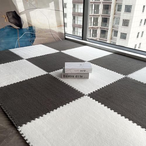 24 Stück Puzzle-ineinander Greifende Plüsch-Teppichfliesen, Quadratische, Flauschige Schaumstofffliesen-Teppiche, Flächenteppich-Spielmatte Fürs Zimmer(White+Gray,30x30x0.6cm) von NMVAWIPT