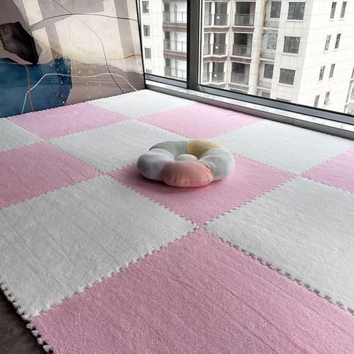 24 Stück Puzzle-ineinander Greifende Plüsch-Teppichfliesen, Quadratische, Flauschige Schaumstofffliesen-Teppiche, Flächenteppich-Spielmatte Fürs Zimmer(White+Pink,60x60x0.6cm) von NMVAWIPT