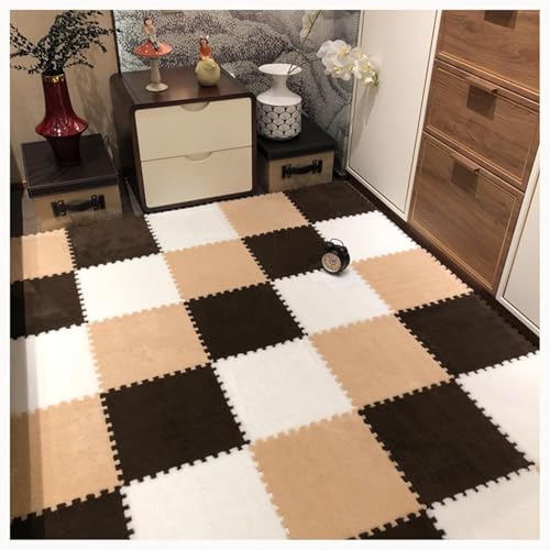 24x24 Zoll Plüsch-Ineinander Greifen-Schaumstoff-Teppich-Anti-Rutsch-Fliesen, 12 Stück Puzzlematten for Den Boden(Dark Brown+Light Brown+White) von NMVAWIPT