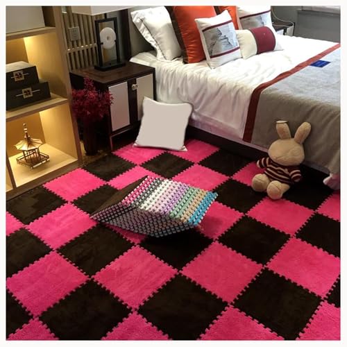 30 Stück Ineinander Greifende Teppichfliesen Aus Plüschschaum, Puzzle-Bodenmatte Mit Rand, Flauschige, rutschfeste Eva-Puzzlefliesen(Dark Brown+Rose Red) von NMVAWIPT