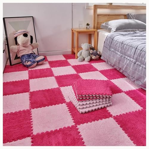 30 Stück Ineinander Greifende Teppichfliesen Aus Plüschschaum, Puzzle-Bodenmatte Mit Rand, Flauschige, rutschfeste Eva-Puzzlefliesen(Light Pink+Rose Red) von NMVAWIPT