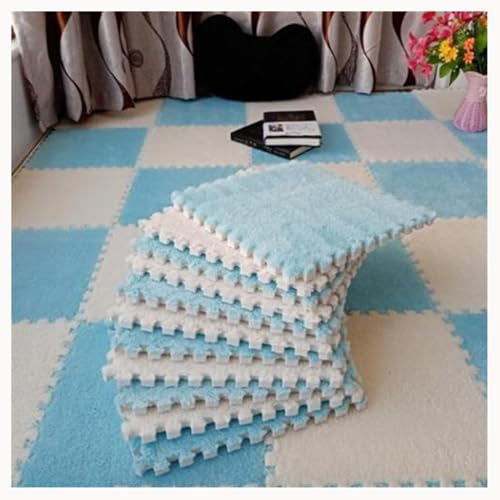 30 Stück Plüsch-Bodenmatten Mit Rutschfester Unterseite, Quadratische, Zottelige, Ineinandergreifende Schaumstoff-Teppichfliesen, Dicke 0,4-Zoll-Puzzlematten(Sky Blue+White) von NMVAWIPT