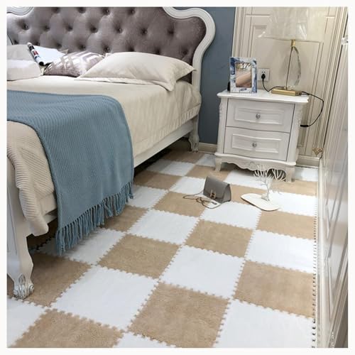 30 Stück Quadratische Ineinander Greifende Teppichfliesen Mit Rand, Flauschige Anti-Rutsch-Puzzle-Bodenfliesen-Spielmatte(Light Brown+White) von NMVAWIPT