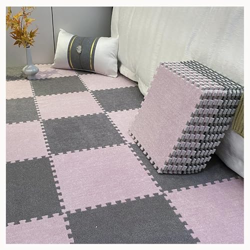 30 Stück Zottelige Ineinander Greifende Schaumstoff-Teppichfliesen 12 X 12 Zoll, Flauschige Puzzlematten for Den Boden, Plüschschaumstoffmatten(Gray+Pink) von NMVAWIPT