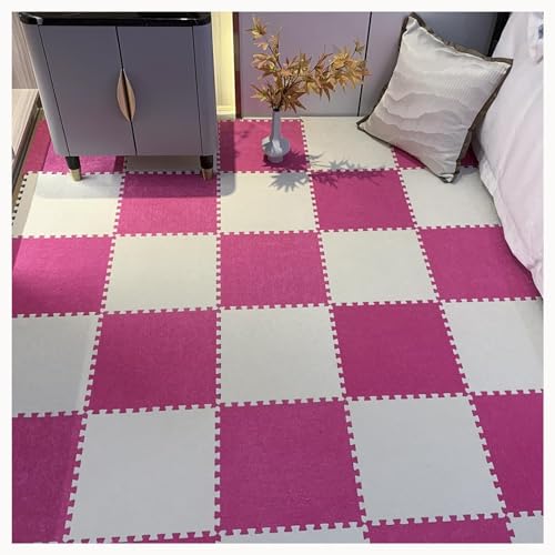 30 Stück Zottelige Ineinander Greifende Schaumstoff-Teppichfliesen 12 X 12 Zoll, Flauschige Puzzlematten for Den Boden, Plüschschaumstoffmatten(Rose Red+White) von NMVAWIPT